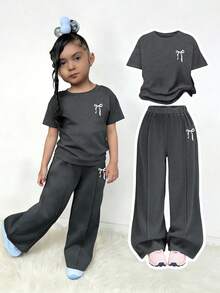 "Cute Bow Co-ord Set for Girls - Charcoal Grey"