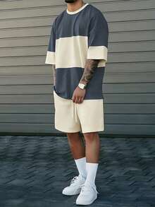 "Modern Color Block Co-ord Set - Navy & Beige"